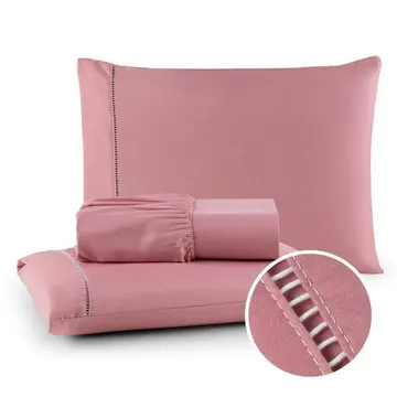 Jogo De Cama 3 Peças 400 Fios Casal Em Ponto Palito Rosa