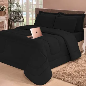 Jogo De Cama Casal 6 Peças Com Edredom E Lençol Preto Casa Dona