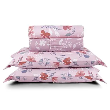 Jogo Cama Lençol Belle Casal Padrão 400 Fios Estampado 4 Peças Floral Rosê
